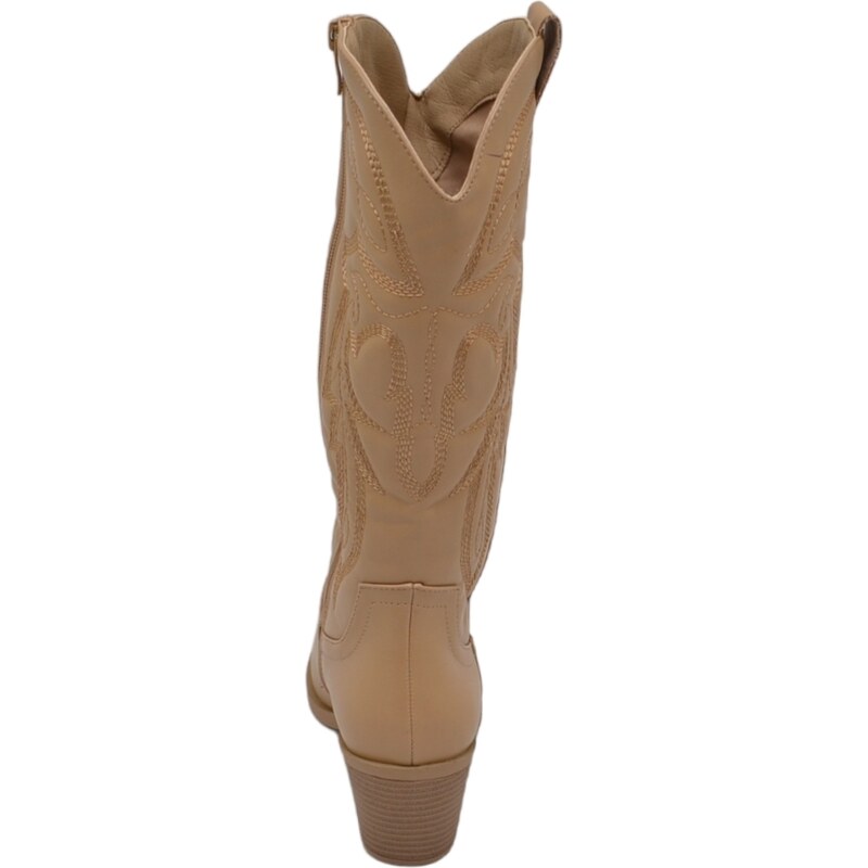 Malu Shoes Stivali donna camperos beige texani stile western con cuciture in rilievo fulmine tacco legno 5 cm con zip laterale