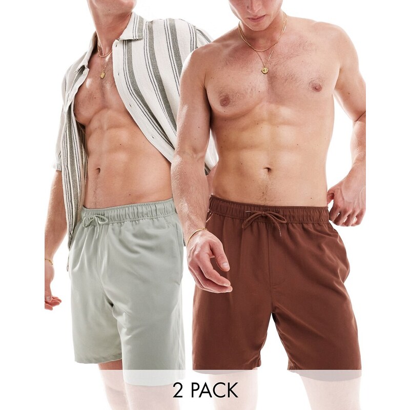 ASOS DESIGN - Confezione da 2 pantaloncini da bagno taglio medio verde salvia/marrone-Multicolore