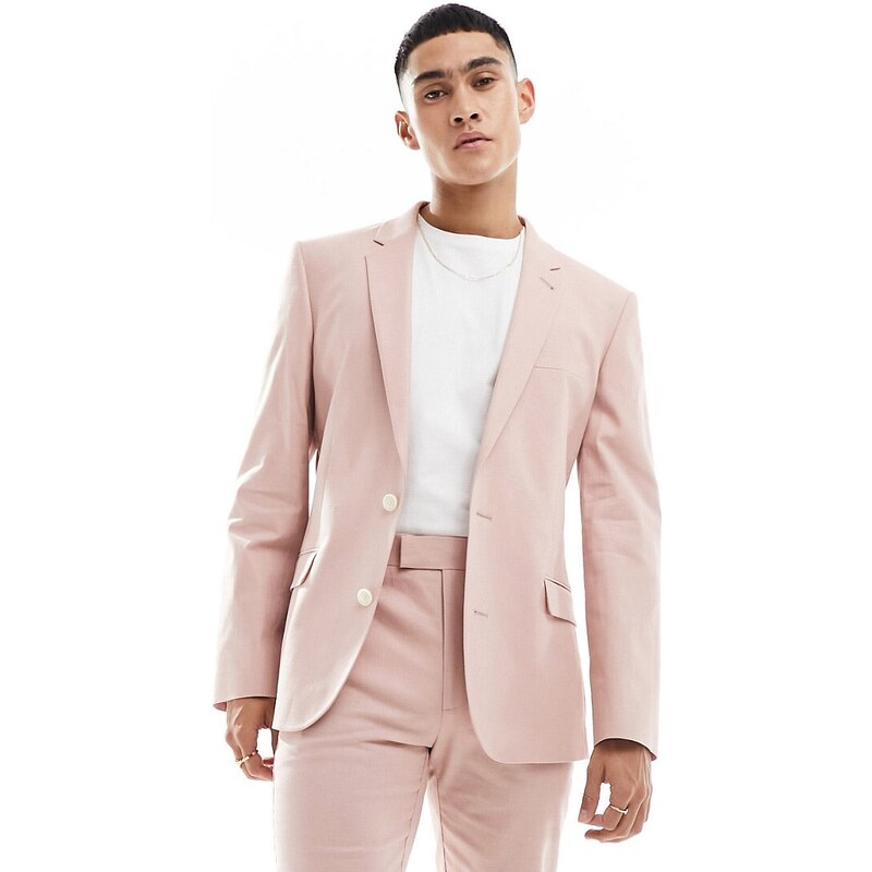 ASOS DESIGN - Giacca da abito skinny fit in misto lino rosa