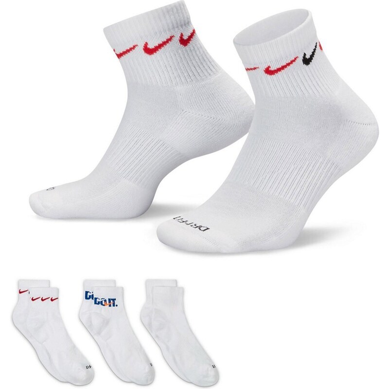 Nike Training - Everyday Cushioned Plus - Confezione da 3 paia di calzini alla caviglia bianchi con stampa-Bianco