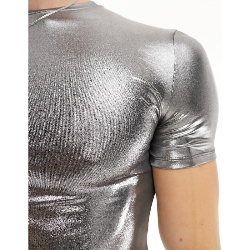 ASOS DESIGN - T-shirt attillata metallizzata-Argento