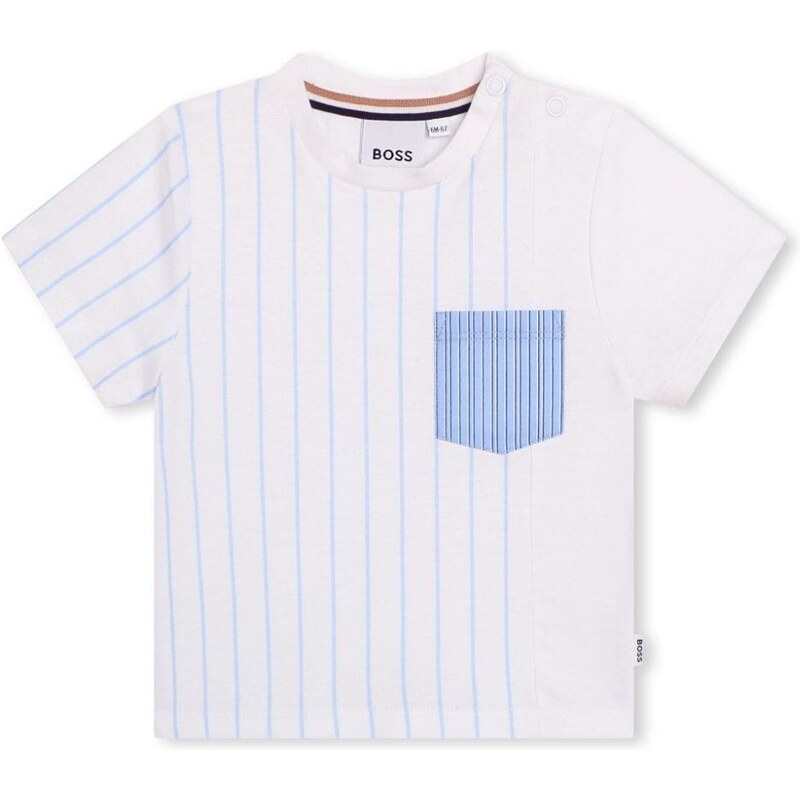 HUGO BOSS KIDS T-shirt bianca a righe con taschino neonato