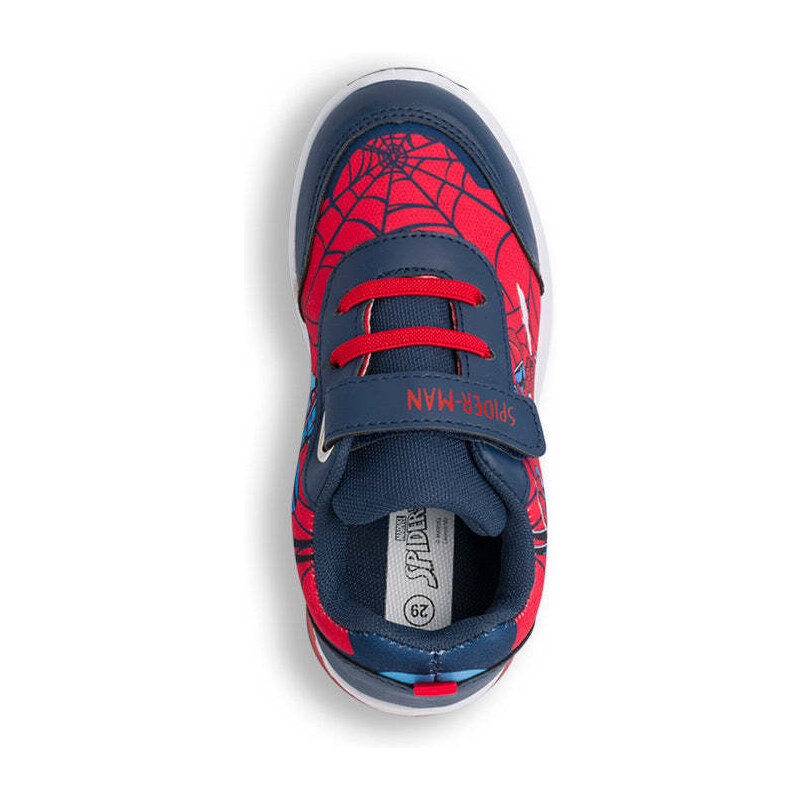 Sneakers primi passi blu e rosse da bambino con luci nella suola e logo Spiderman