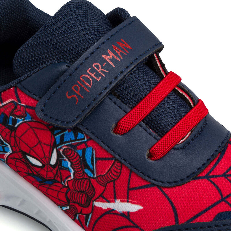 Sneakers primi passi blu e rosse da bambino con luci nella suola e logo Spiderman