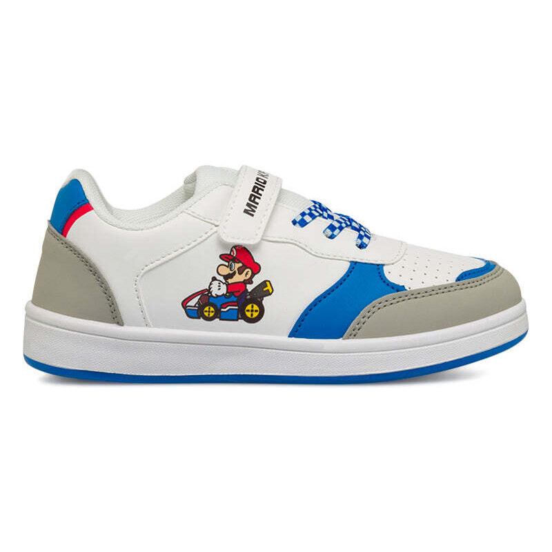 Sneakers primi passi bianche e blu da bambino con logo Super Mario