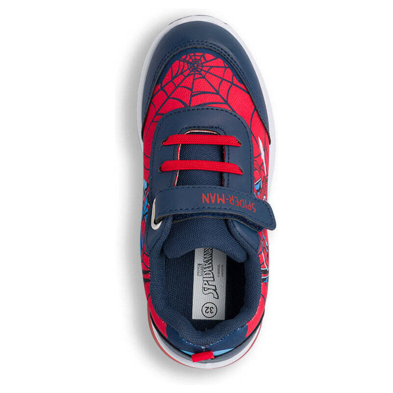 Sneakers blu e rosse da bambino con luci nella suola e logo Spiderman