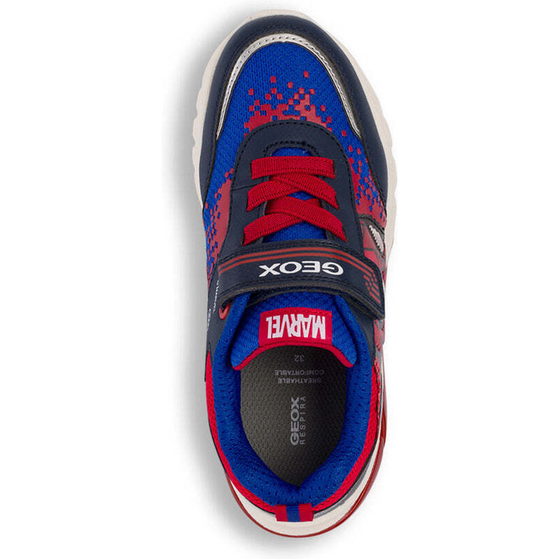 Sneakers traspiranti blu e rosse da ragazzo con stampa Spiderman e luci nella suola Geox Ciberdron
