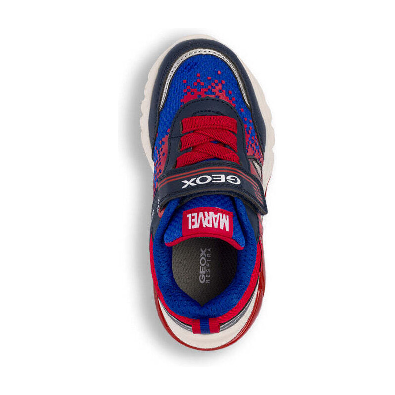 Sneakers traspiranti blu e rosse da bambino con stampa Spiderman e luci nella suola Geox Ciberdron