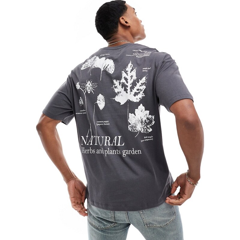 ADPT - T-shirt oversize grigia con stampa "Natural" di piante sul retro-Grigio