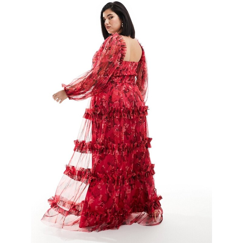 Lace & Beads Plus - Vestito lungo a maniche lunghe in tulle rosa e rosso a fiori con volant