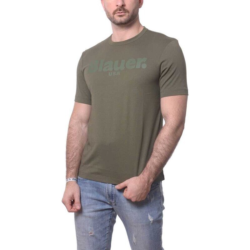 Blauer t-shirt da uomo a maniche corte in jersey di cotone e stampa logo verde siepe