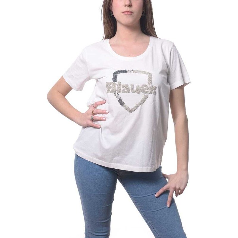 Blauer t-shirt da donna in jersey di cotone con logo scudo con strass bianco