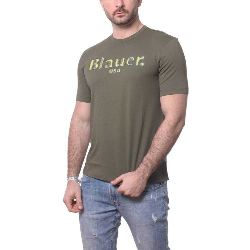Blauer t-shirt da uomo a maniche corte in jersey di cotone e stampa logo verde e giallo