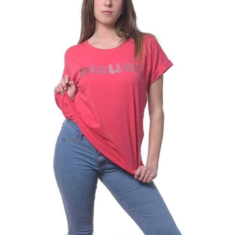 Blauer t-shirt da donna in jersey di cotone con logo con micro borchie rosa fragola