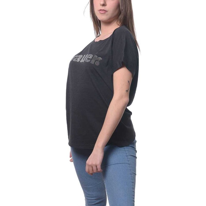 Blauer t-shirt da donna in jersey di cotone con logo con micro borchie nero