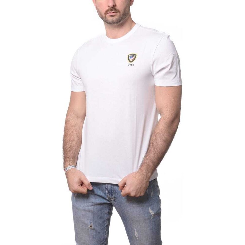 Blauer t-shirt da uomo a maniche corte in jersey di cotone e scudo logo nypd bianco ottico