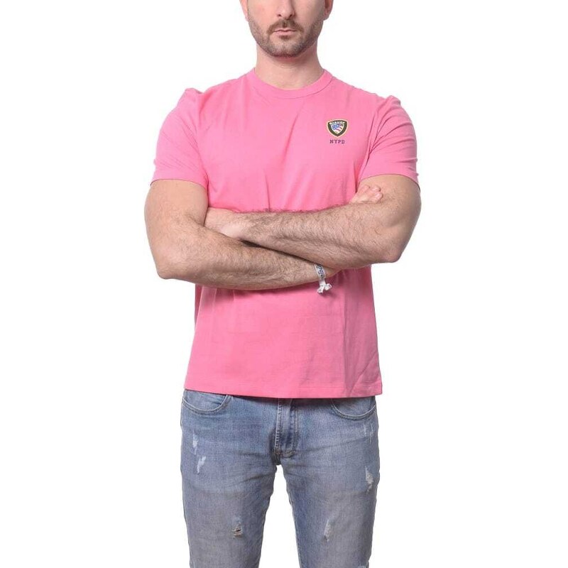 Blauer t-shirt da uomo a maniche corte in jersey di cotone e scudo logo nypd rosa