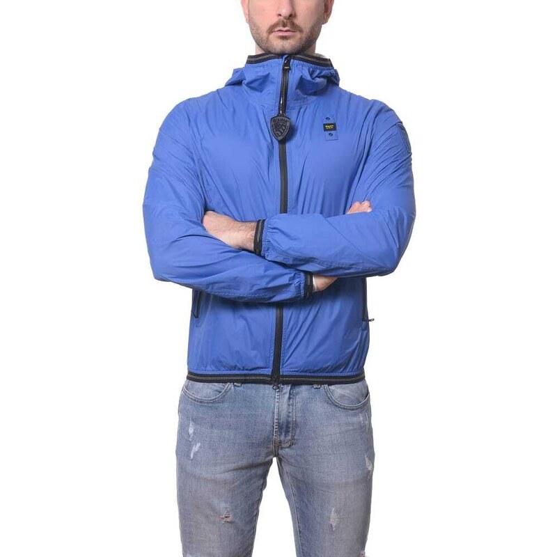 Blauer giacca a vento da uomo con cappuccio in nylon nastrato nero e molto blu