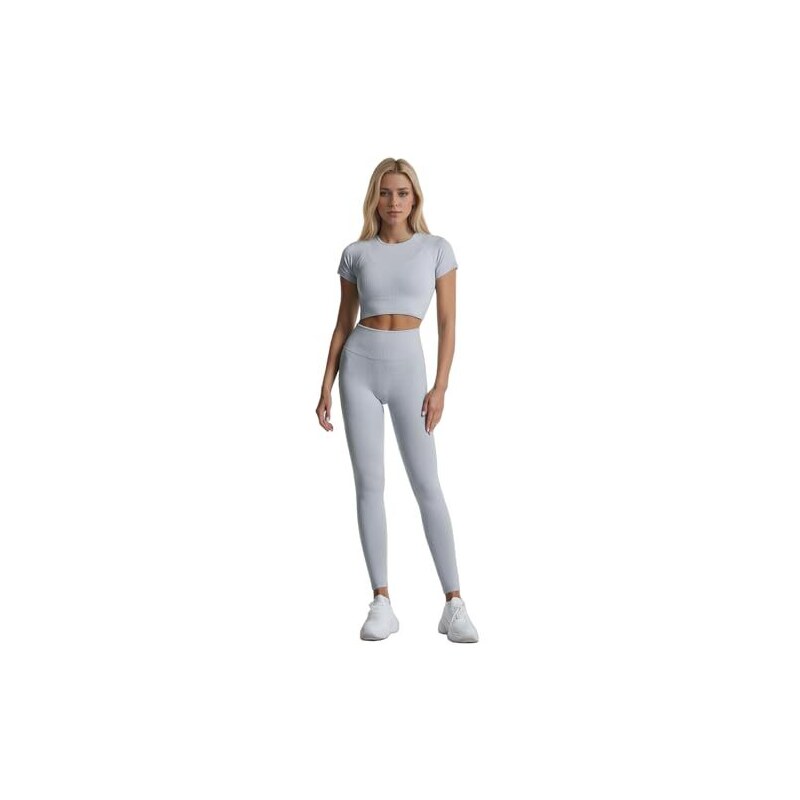 dohomiryo Donna Set di Abbigliamento Yoga Top Corto+Ghette 2 Pezzi Tuta Sportiva Palestra Fitness Activewear Grigio S