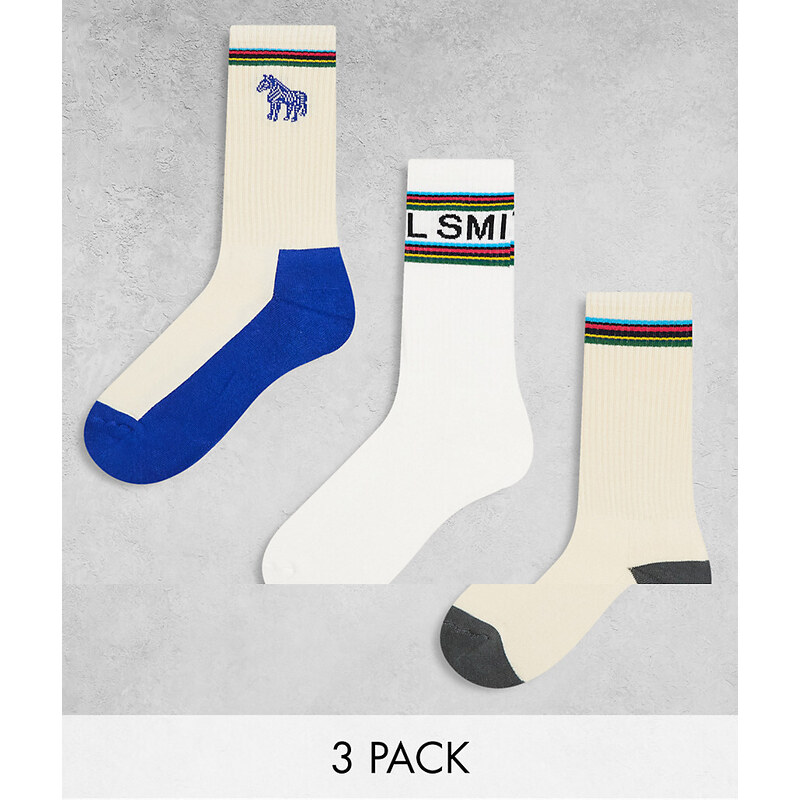 PS Paul Smith Paul Smith - Confezione da 3 paia di calzini crema, bianchi e blu con logo e righe-Bianco