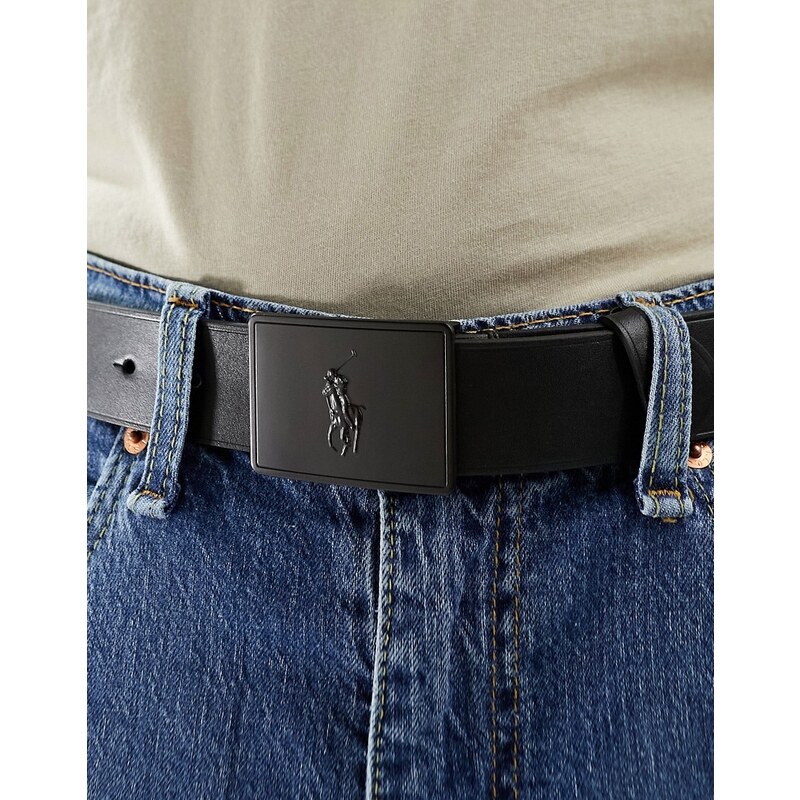 Polo Ralph Lauren - Cintura in pelle nera opaca con fibbia con logo-Nero