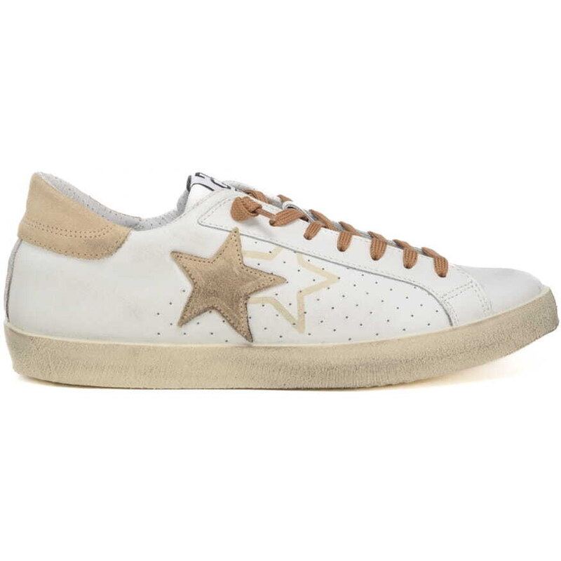 2 Star sneakers da uomo con patch a forma di stella in vera pelle bianca white e beige