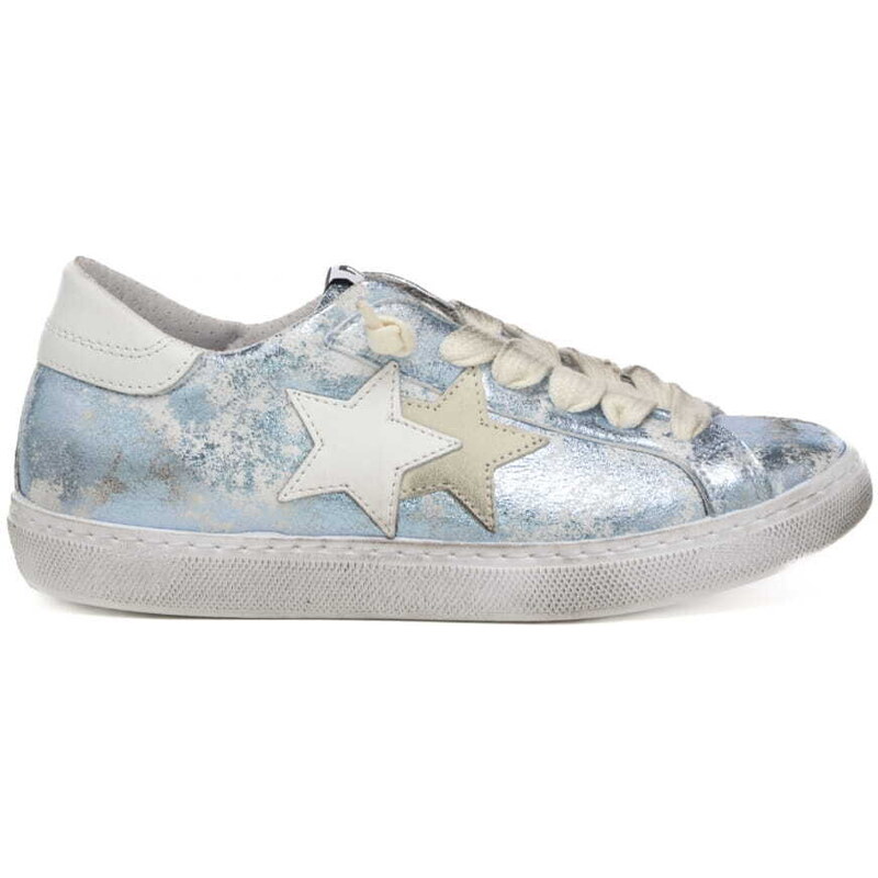 2 Star sneakers da donna con stelle in vera pelle laminata white blue