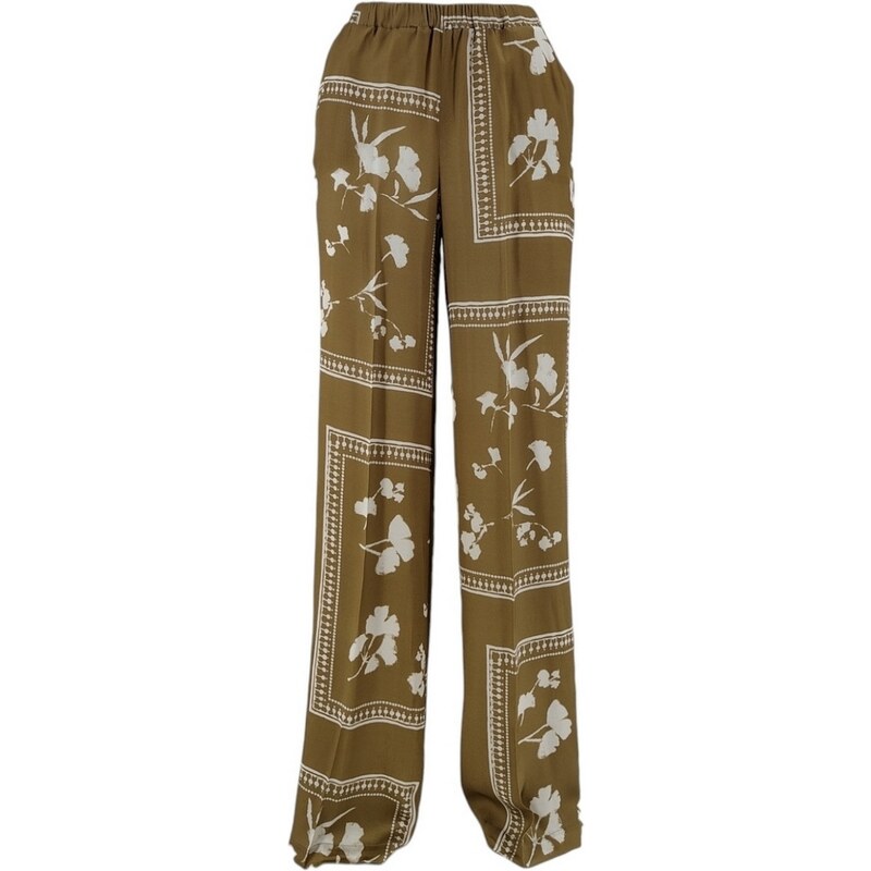1-One pantalone donna largo fantasia fiori cammello e avorio