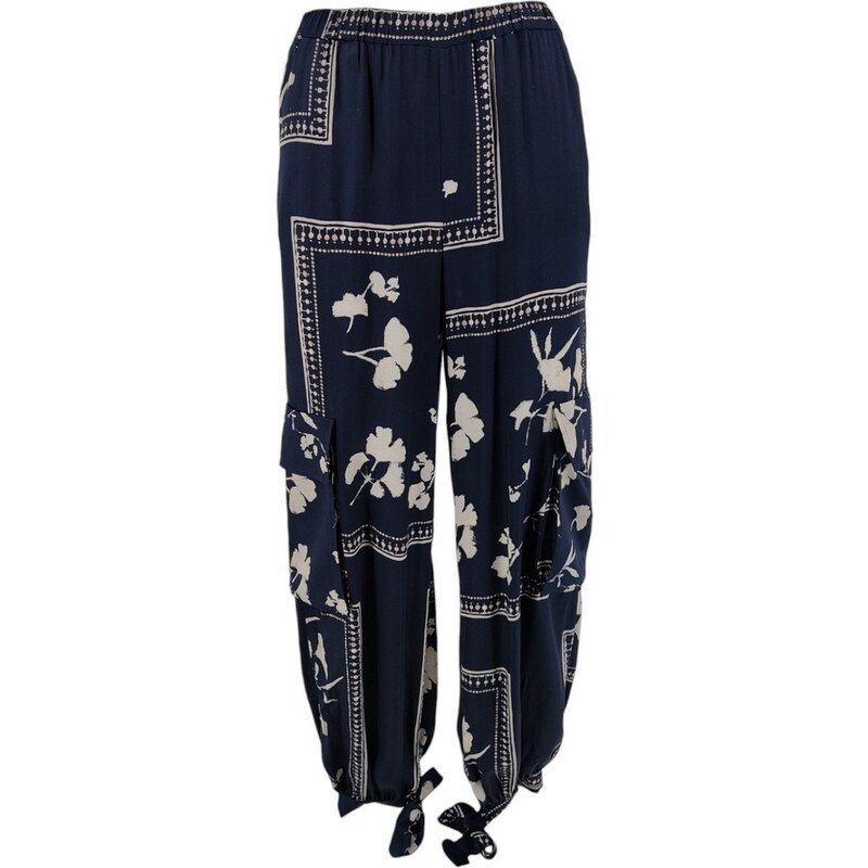 1-One pantalone donna modello cargo fantasia fiori blu e avorio