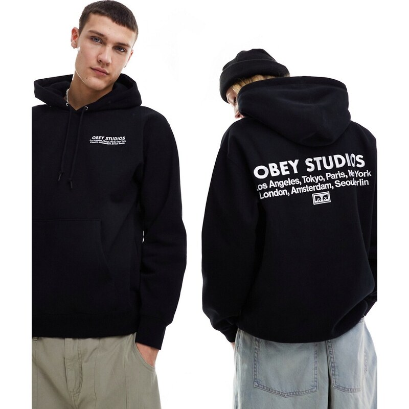 Obey - Studios - Felpa nera unisex con stampa sulla schiena e cappuccio-Nero