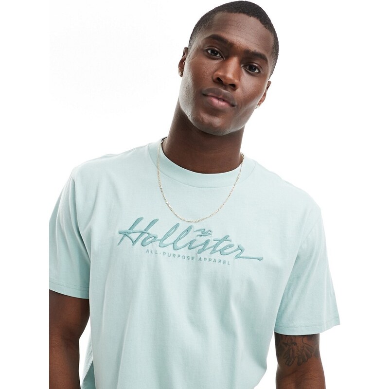 Hollister - T-shirt vestibilità comoda blu chiaro con logo ricamato tono su tono