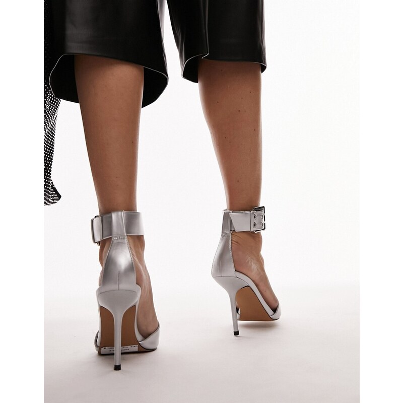 Topshop - Esme - Scarpe décolleté con tacco e fibbia alla caviglia color argento