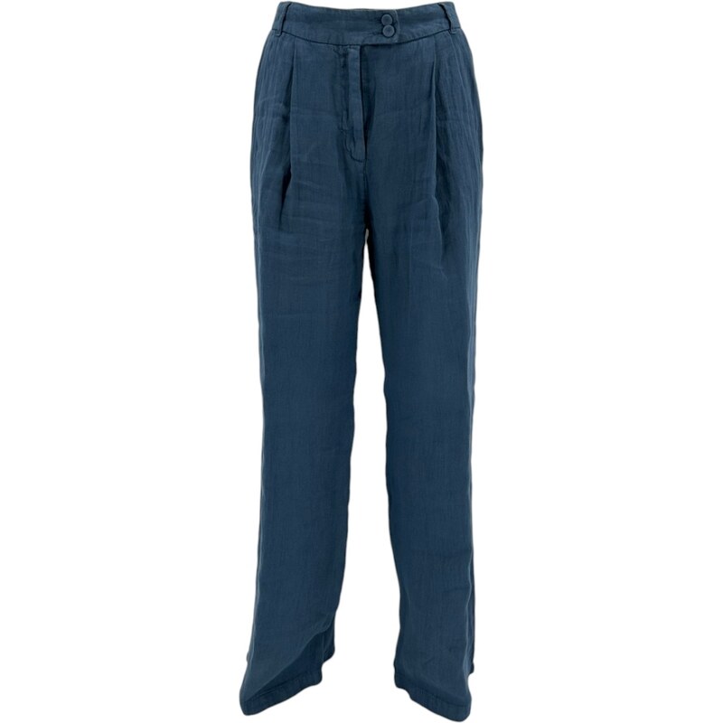 120% Lino pantalone donna in lino blu jeans con pinces