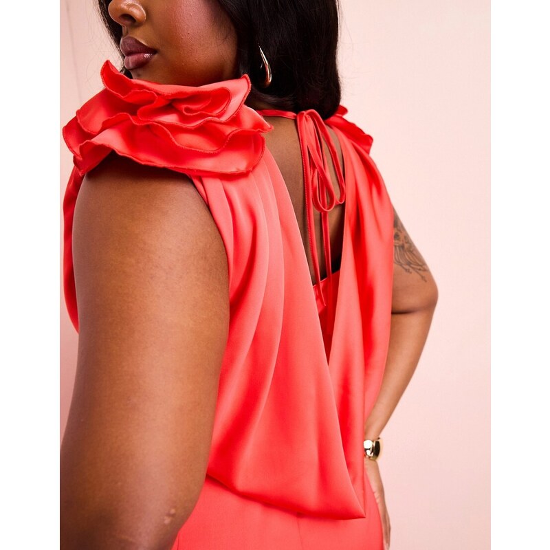 ASOS LUXE Curve - Tuta jumpsuit in raso rosso con scollo profondo e decorazioni floreali oversize-Multicolore