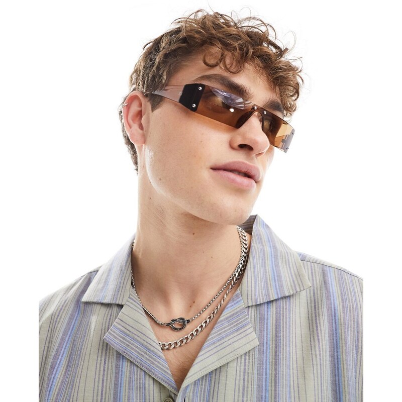 ASOS DESIGN - Occhiali da sole senza bordo stile Y2K marroni con lenti a mascherina-Marrone