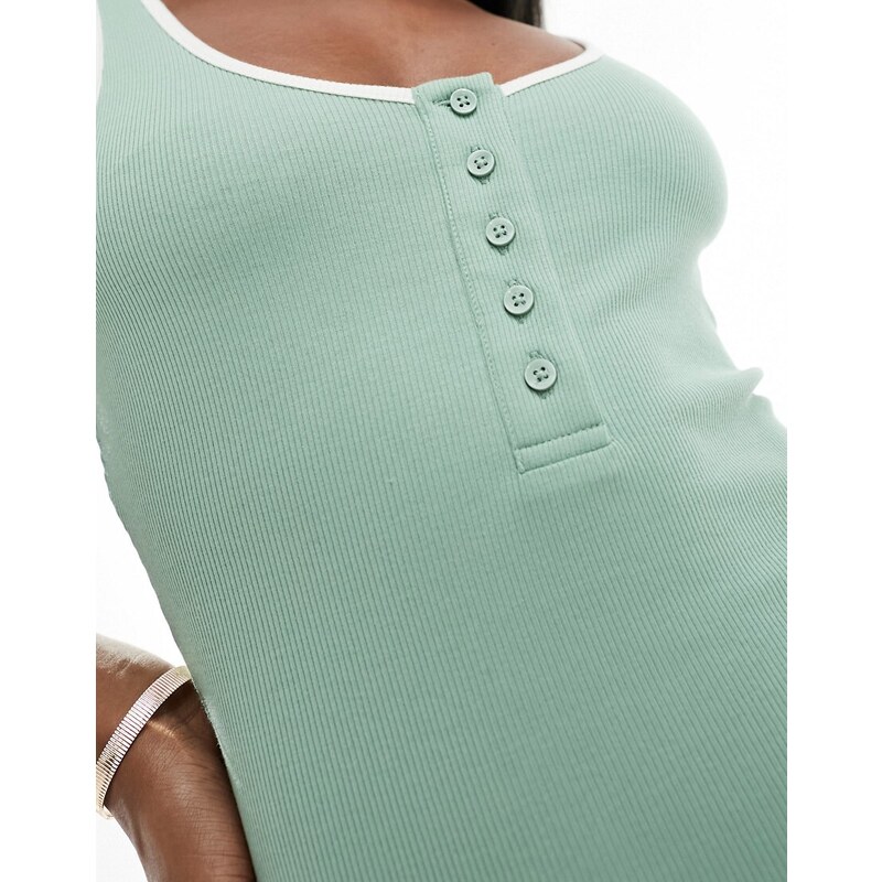 ASOS DESIGN - Vestito corto con bottoni e scollo ampio sul retro verde salvia a coste con profili color crema a contrasto-Bianco