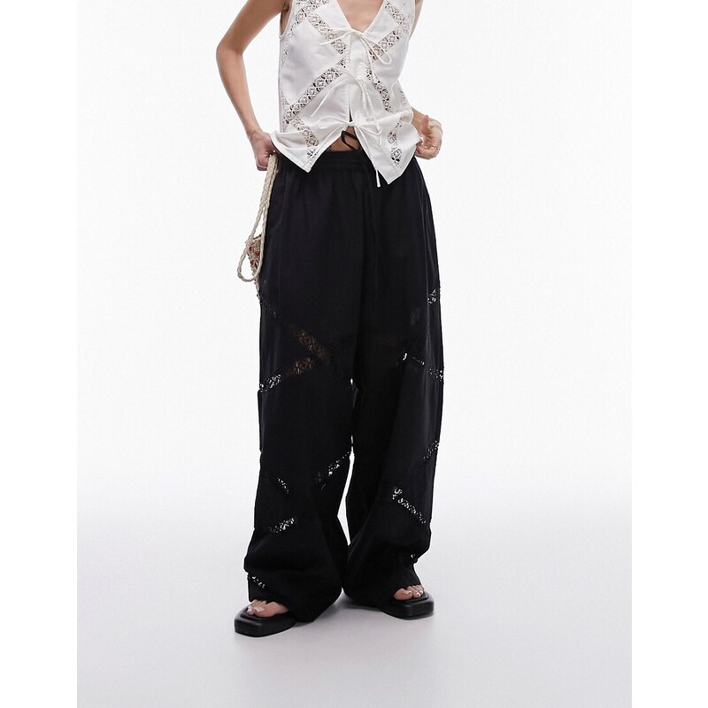 Topshop - Pantaloni elasticizzati a fondo ampio neri in lino con inserto in pizzo-Nero