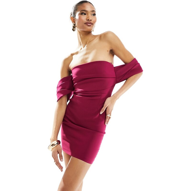 Vesper - Vestito corto fasciante color lampone con scollo alla Bardot e maniche oversize-Rosa