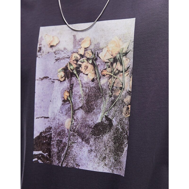 Topman - T-shirt super oversize premium grigio antracite con stampa di fiori congelati