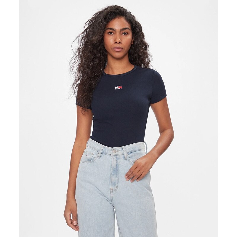 Tommy Jeans T-Shirt Badge Logo Slim Fit Blu Navy Donna