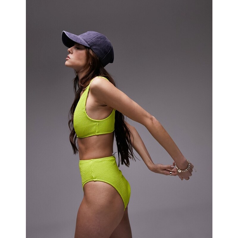 Topshop - Mix and Match - Top bikini stile canottiera con scollo profondo in tessuto stropicciato color lime-Verde
