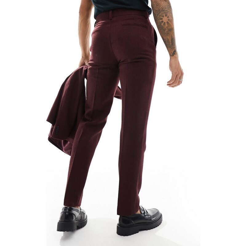 ASOS DESIGN - Pantaloni da abito slim in twill di misto lana bordeaux-Rosso
