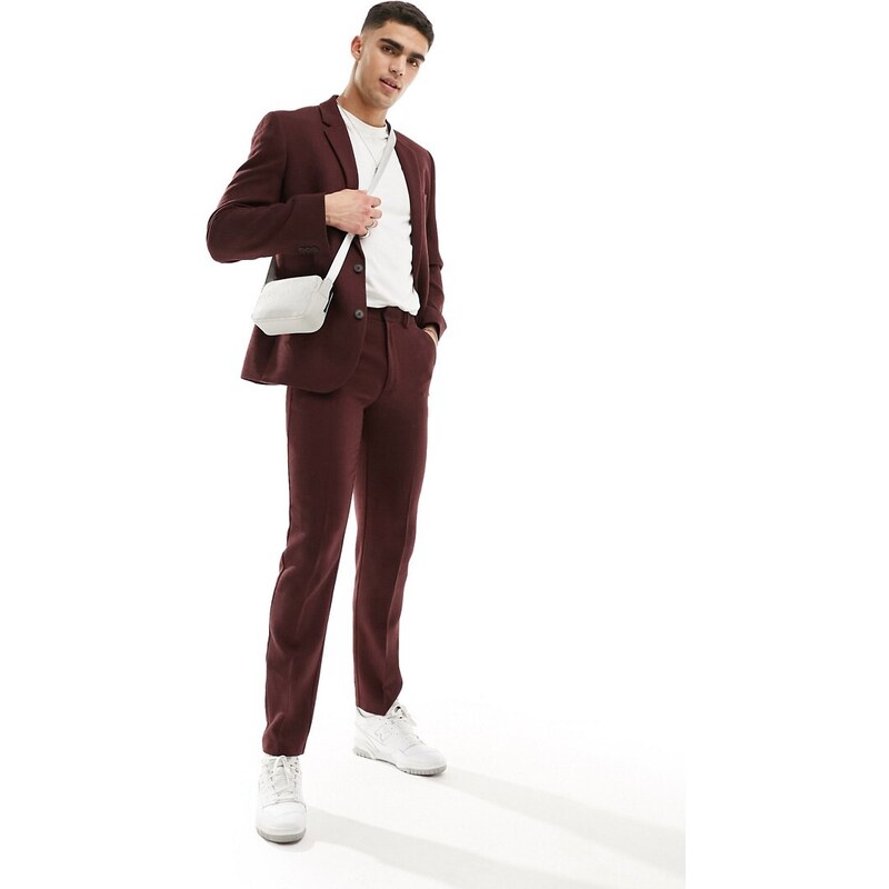 ASOS DESIGN - Pantaloni da abito slim in twill di misto lana bordeaux-Rosso