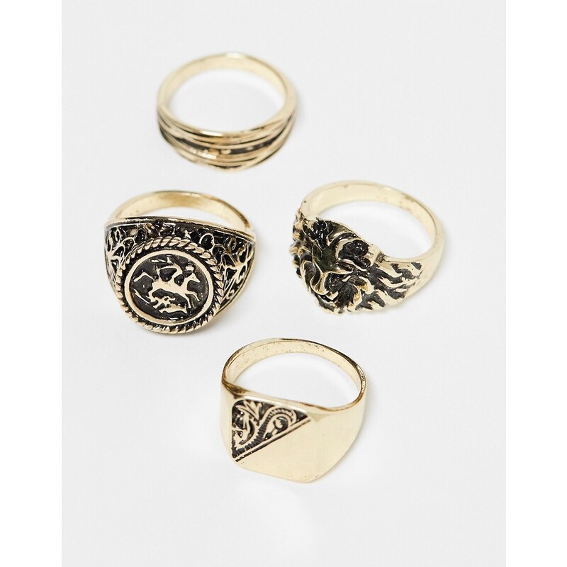 ASOS DESIGN - Confezione da 8 anelli con sigillo e a fascia color oro brunito-Argento