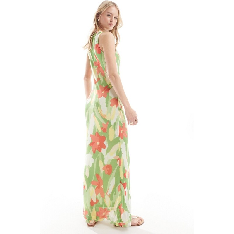 Vero Moda Tall - Vestito senza maniche in rete verde con stampa a fiori e fondo ondulato-Multicolore