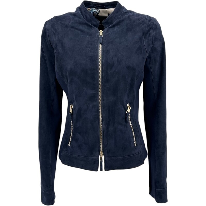 My Skin giubbino donna alla coreana in camoscio e jersey blu