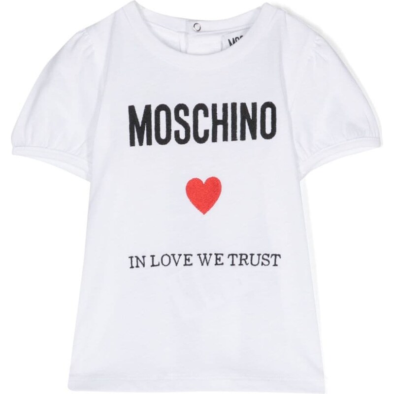 MOSCHINO KIDS T-shirt bianca neonata ricamo "in love we trust"
