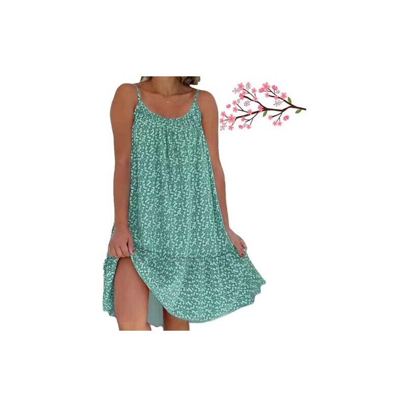 Vestito Camicetto Donne Estate - Floral Printed, Spaghetti Strap, Loose Fit, Lungo Al Ginocchio - Foto 7