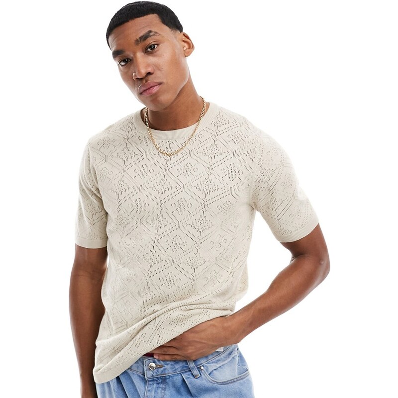 ASOS DESIGN - T-shirt girocollo in maglia all'uncinetto color pietra-Neutro