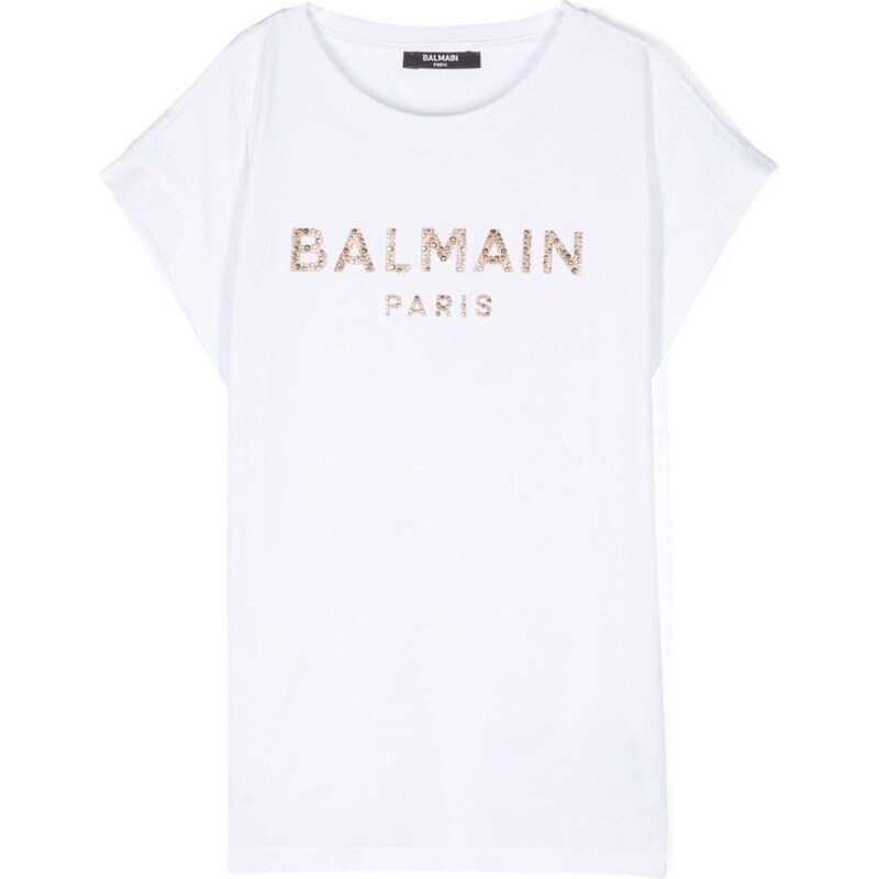 BALMAIN KIDS T-shirt bianca logo strass